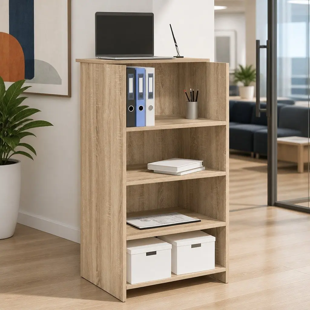 Brown Engineered Wood Reception Desk with Storage Shelf
