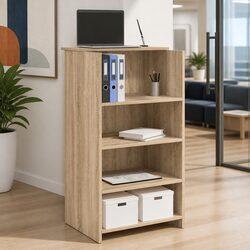 Brown Engineered Wood Reception Desk with Storage Shelf