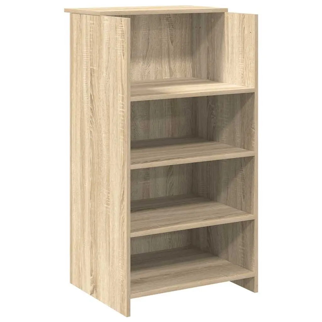 Brown Engineered Wood Reception Desk with Storage Shelf