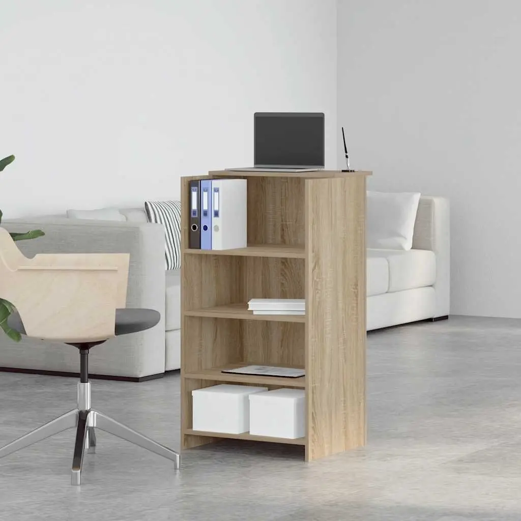 Brown Engineered Wood Reception Desk with Storage Shelf