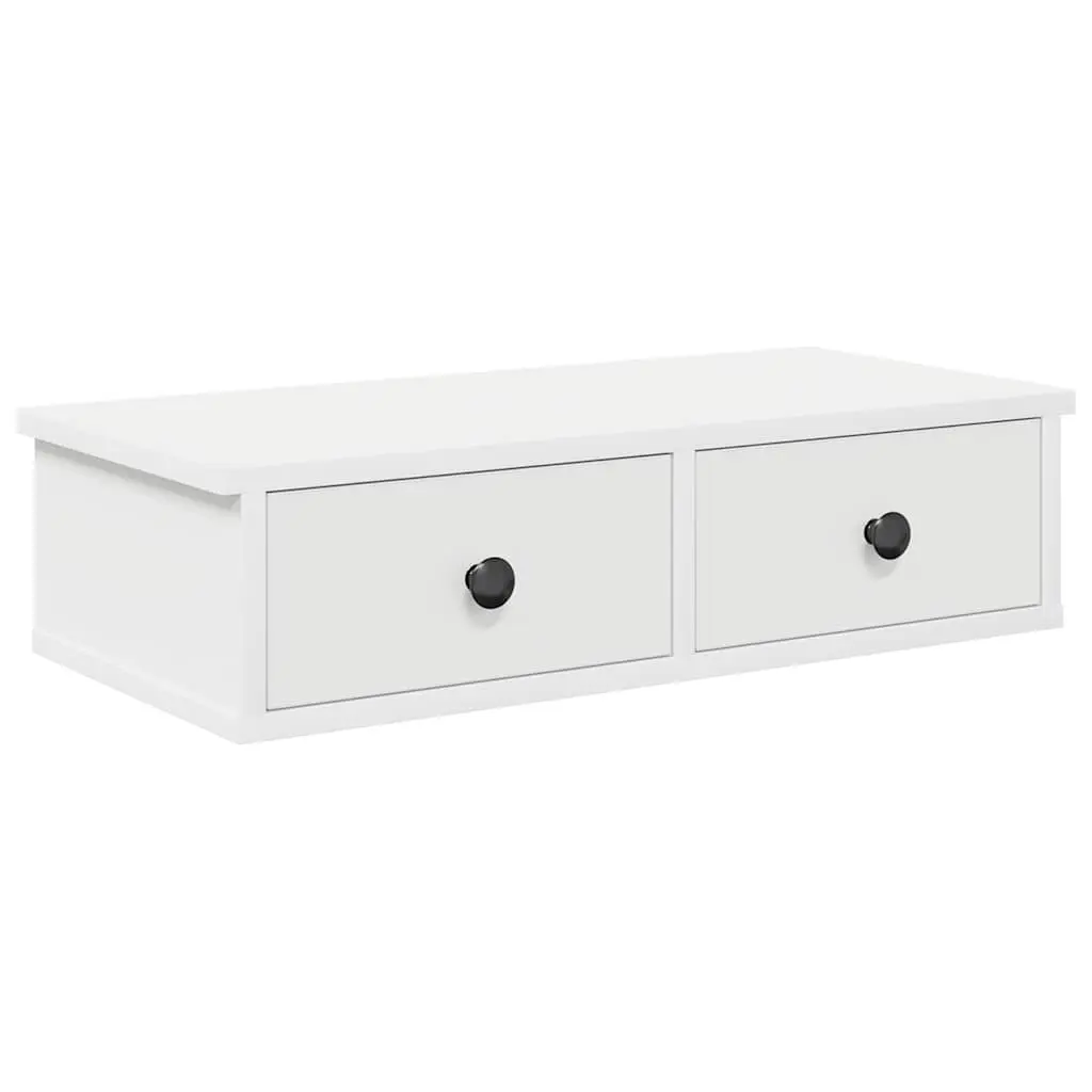 Floating White Wall Shelf with Drawers for Storage