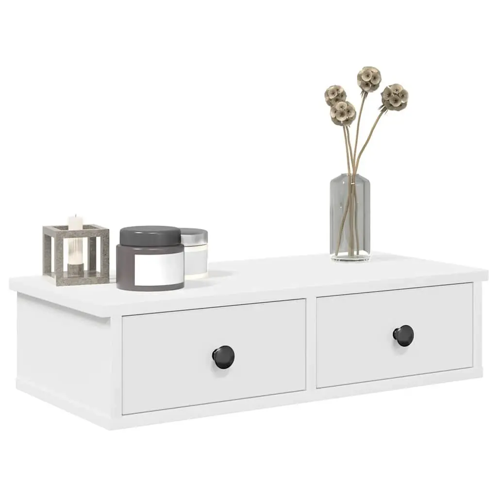 Floating White Wall Shelf with Drawers for Storage