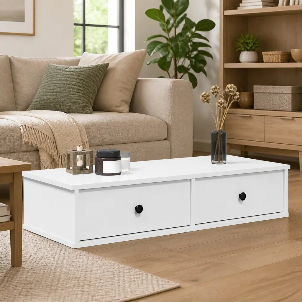 White Wall Shelf with Drawers 100x37.5x19 cm