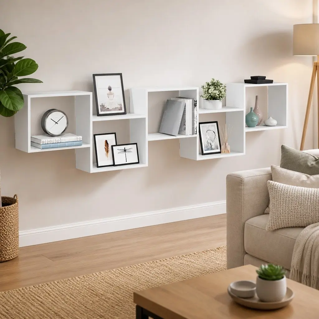 Floating Wall Cube Shelf with 5 Compartments in White