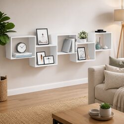 Floating Wall Cube Shelf with 5 Compartments in White