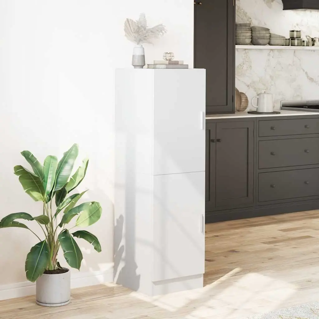 White Engineered Wood Kitchen Cabinet with Doors and Shelves