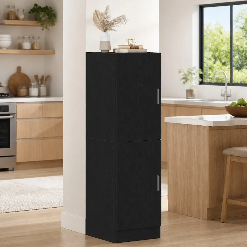 Black Engineered Wood Kitchen Cabinet with Doors and Shelves