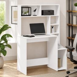 Elegant White Desk with Shelving for Home Office