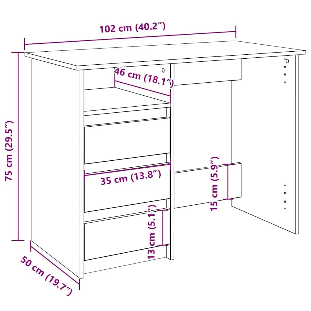 White Desk 102x50x75cm Engineered Wood Office Study Table Spacious Storage