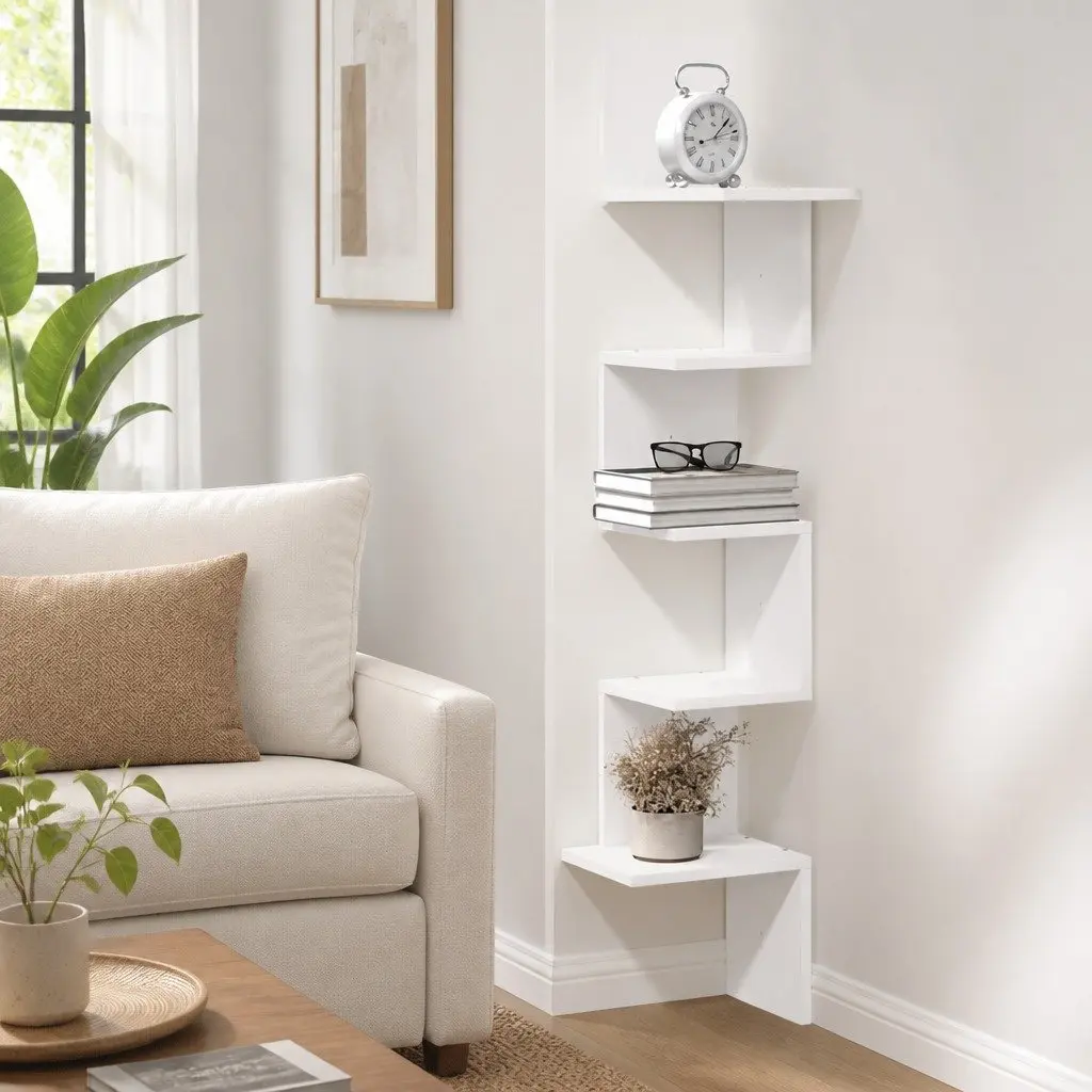 Wall Corner Shelf White 32x32x127.5 cm Engineered Wood Storage Display Shelving Unit