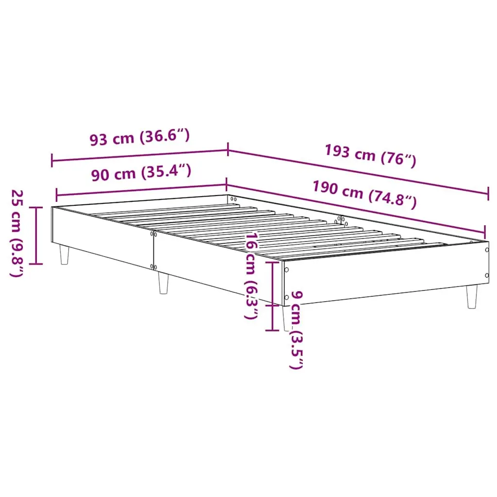 Sonoma Oak Bed Frame 90x190 cm with Slatted Base