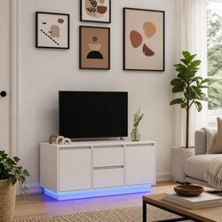 Stylish White TV Cabinet with RGB LED Lights