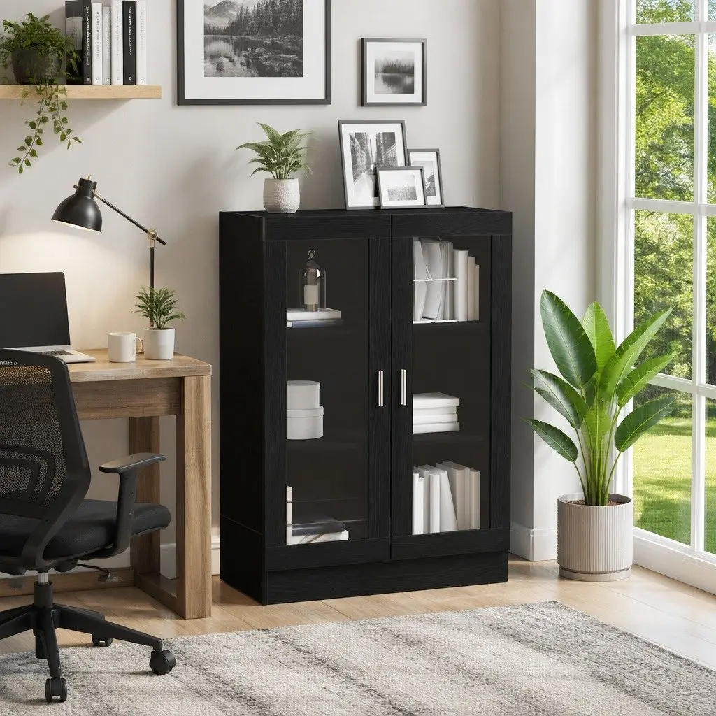 Black Oak Book Cabinet with Storage Shelves