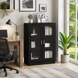 Classic Black Oak Book Cabinet with Storage Shelves