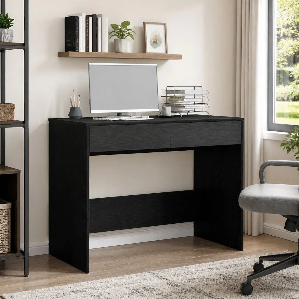 Black Oak Office Desk 101x50x76.5cm Engineered Wood 2 Drawers Storage Workspace