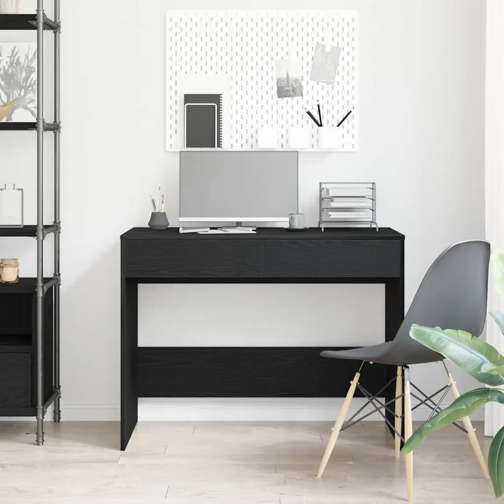 Black Oak Office Desk 101x50x76.5cm Engineered Wood 2 Drawers Storage Workspace
