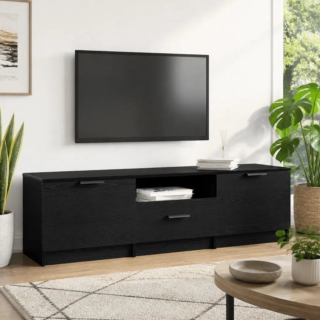Black TV Cabinet with Drawer Modern Living Room Entertainment Unit 140cm