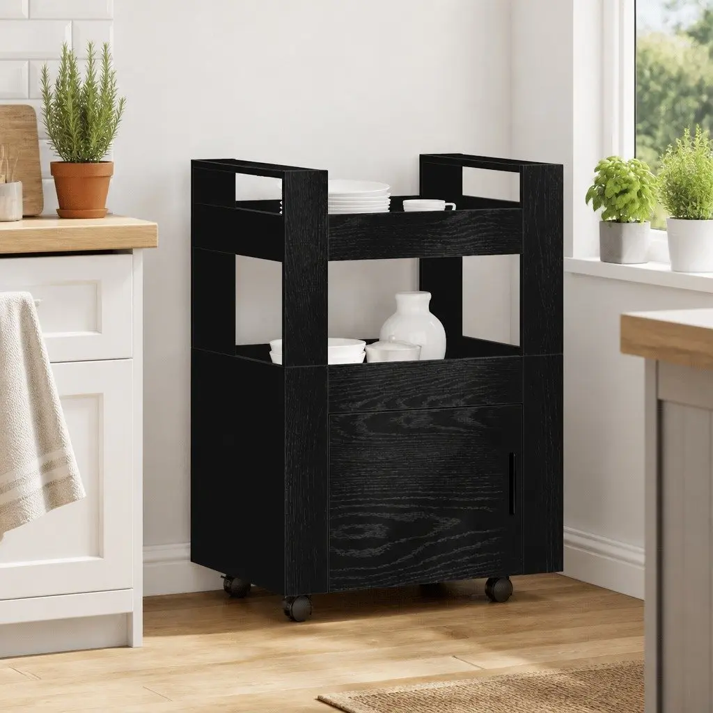 Black Engineered Wood Kitchen Trolley
