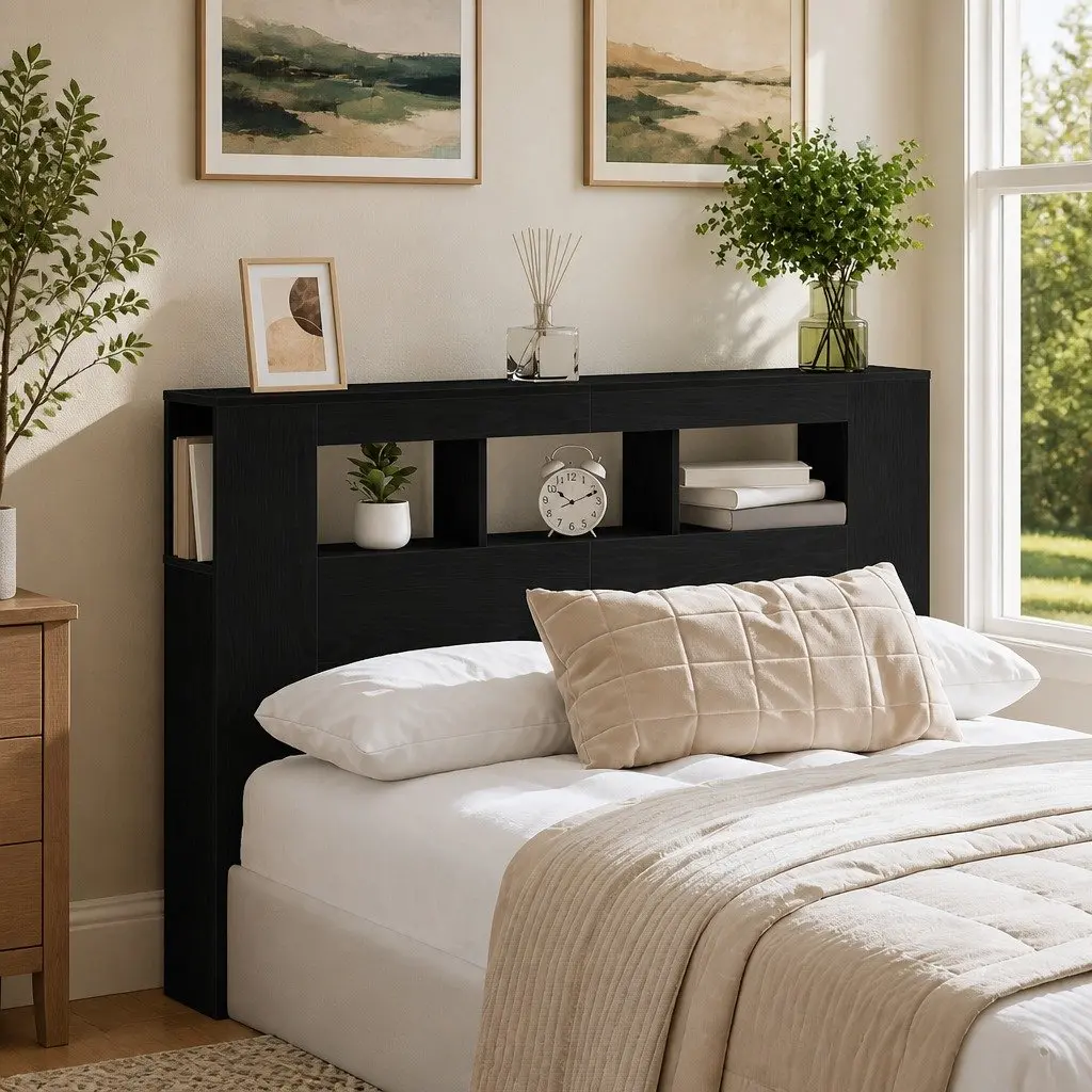 Multicolour LED Headboard with Storage Shelf in Black