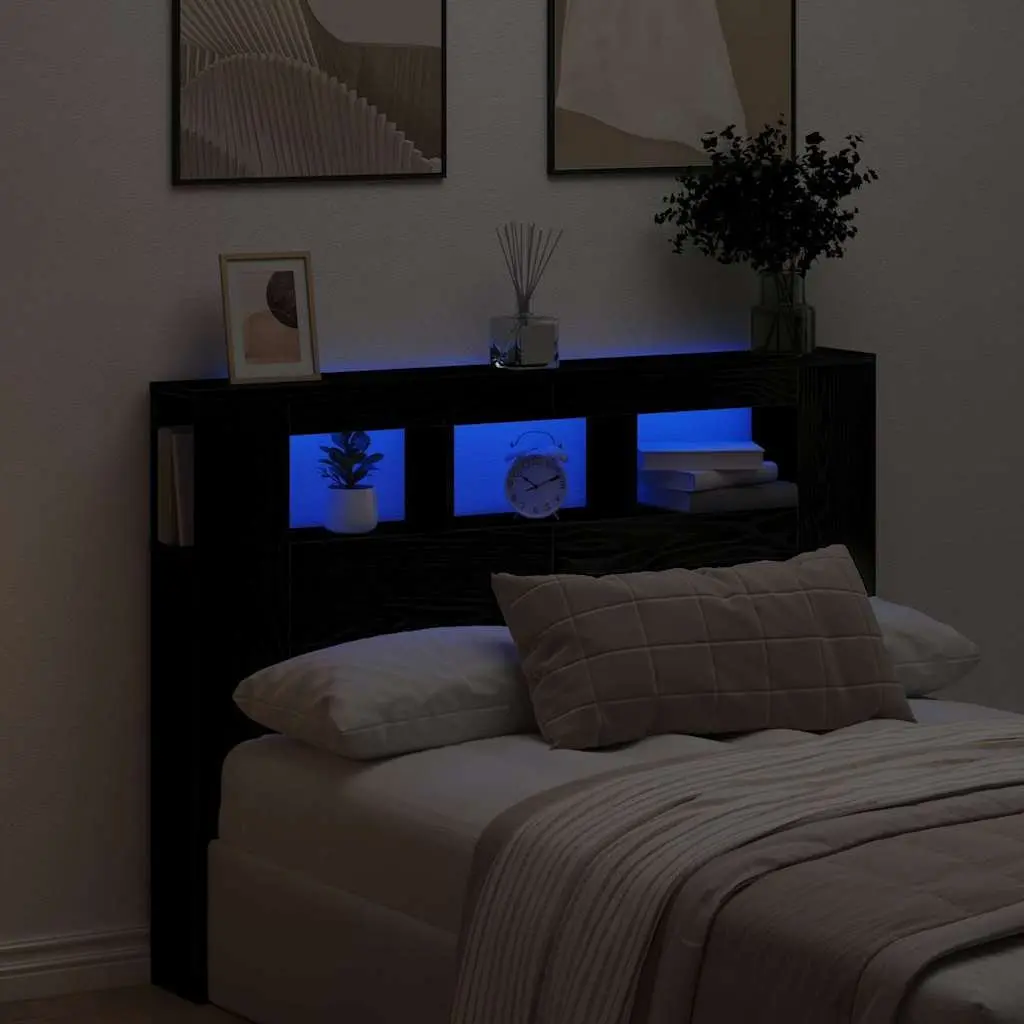 Multicolour LED Headboard with Storage Shelf in Black