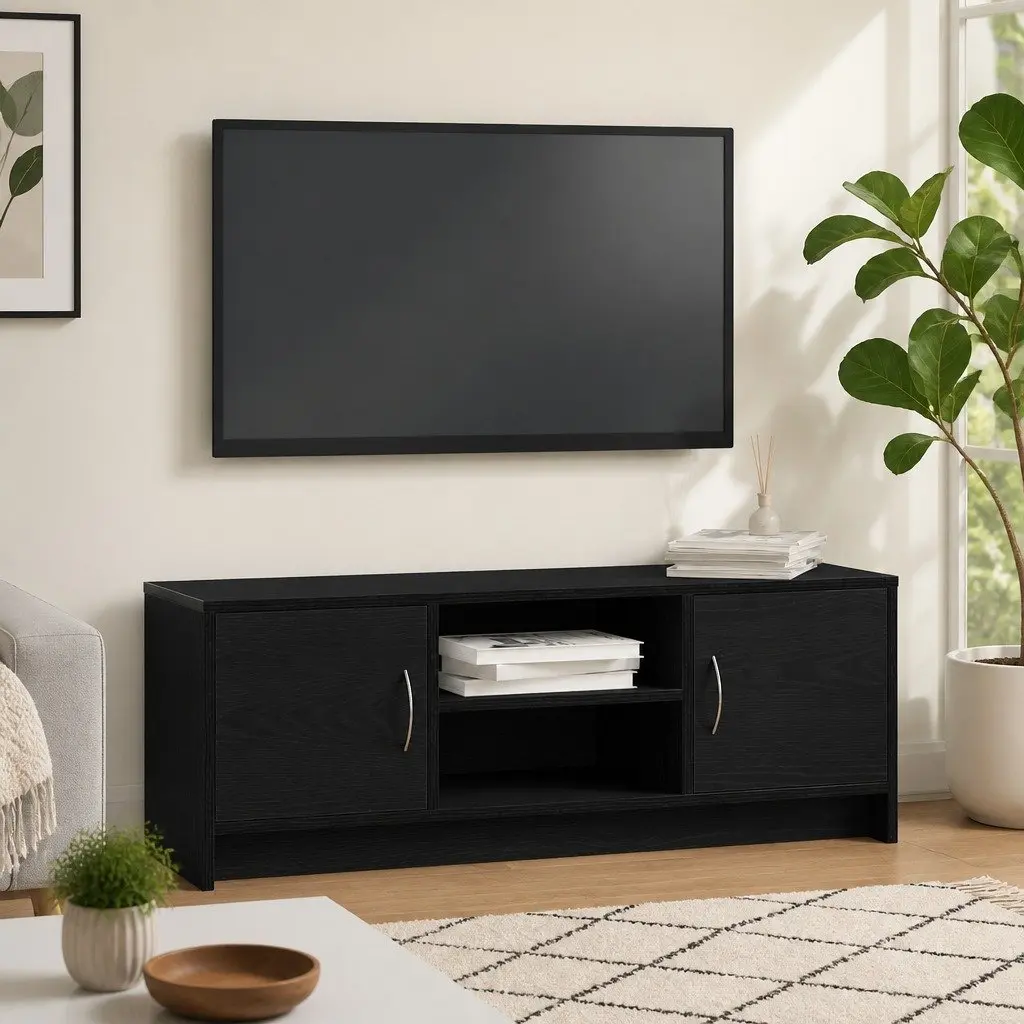 TV Cabinet Black Oak 102x30x37.5cm Engineered Wood Media Storage Unit with Doors and Metal Handles