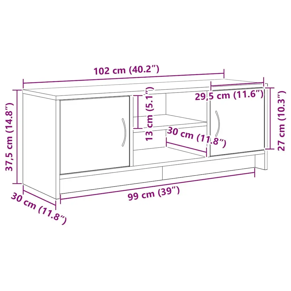 TV Cabinet Black Oak 102x30x37.5cm Engineered Wood Media Storage Unit with Doors and Metal Handles