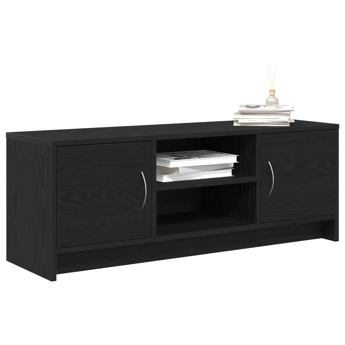 TV Cabinet Black Oak 102x30x37.5cm Engineered Wood Media Storage Unit with Doors and Metal Handles