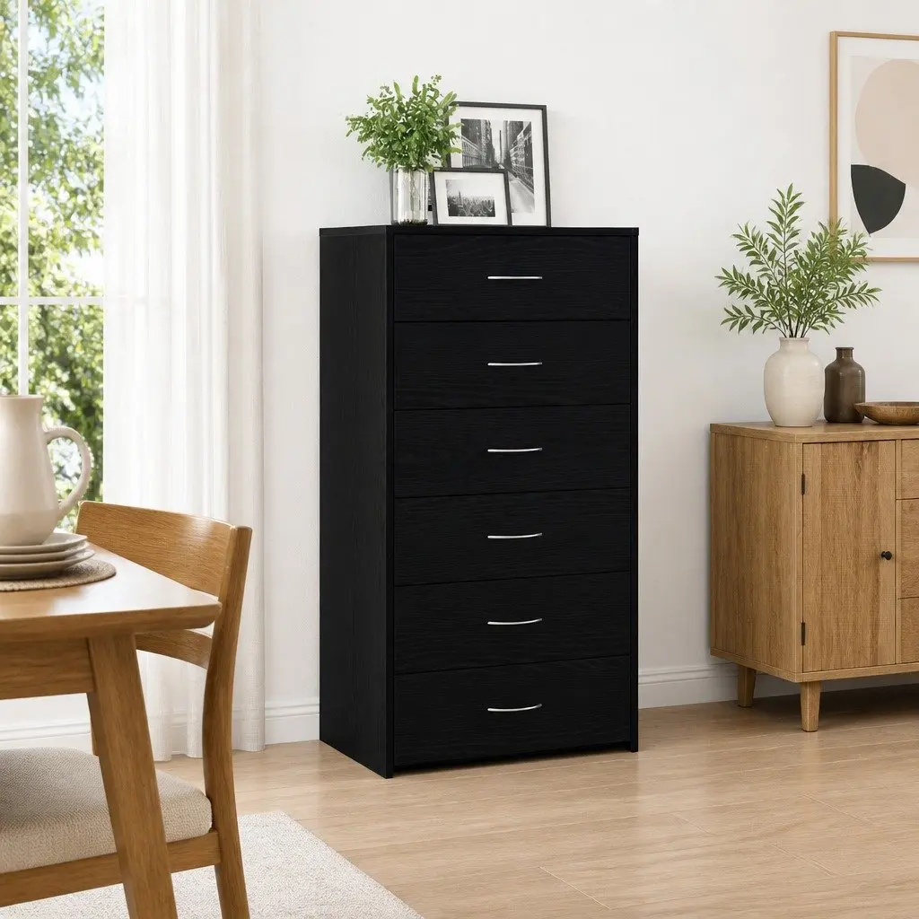 Sideboard Cabinet Black Oak 6 Drawers Engineered Wood Storage Buffet Furniture
