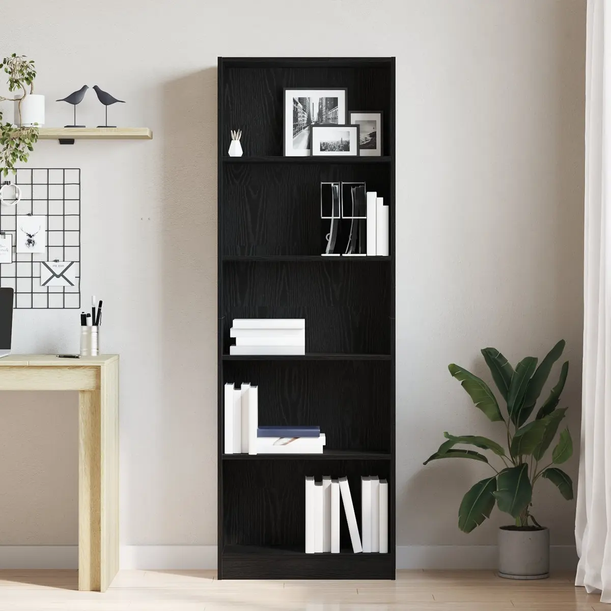 Bookshelf Modern Freestanding Black Oak Engineered Wood Storage Unit 60 x 24 x 176 cm