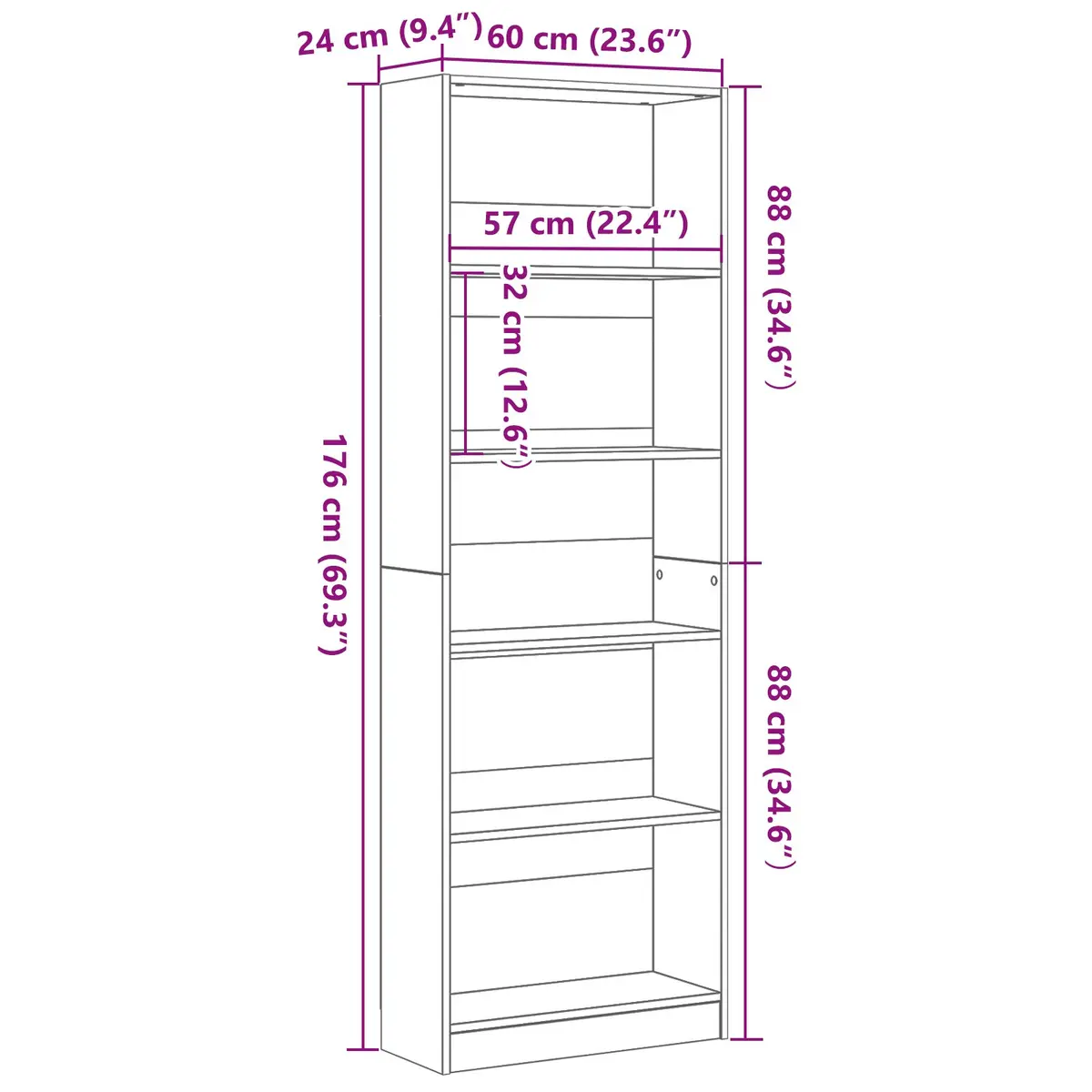 Bookshelf Modern Freestanding Black Oak Engineered Wood Storage Unit 60 x 24 x 176 cm