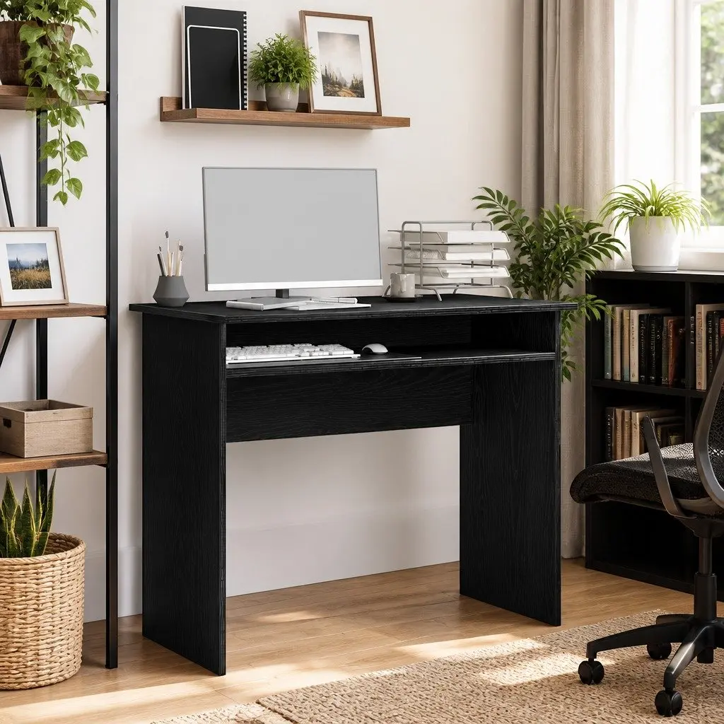 Black Oak Desk 90x50x74cm Office Study Gaming Workspace Engineered Wood Storage
