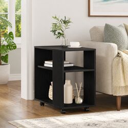 Black Oak Side Table with 2-Tier Storage and Wheels