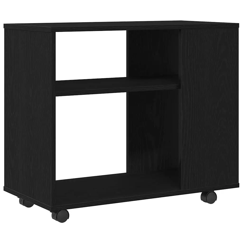 Black Oak Side Table with 2-Tier Storage and Wheels