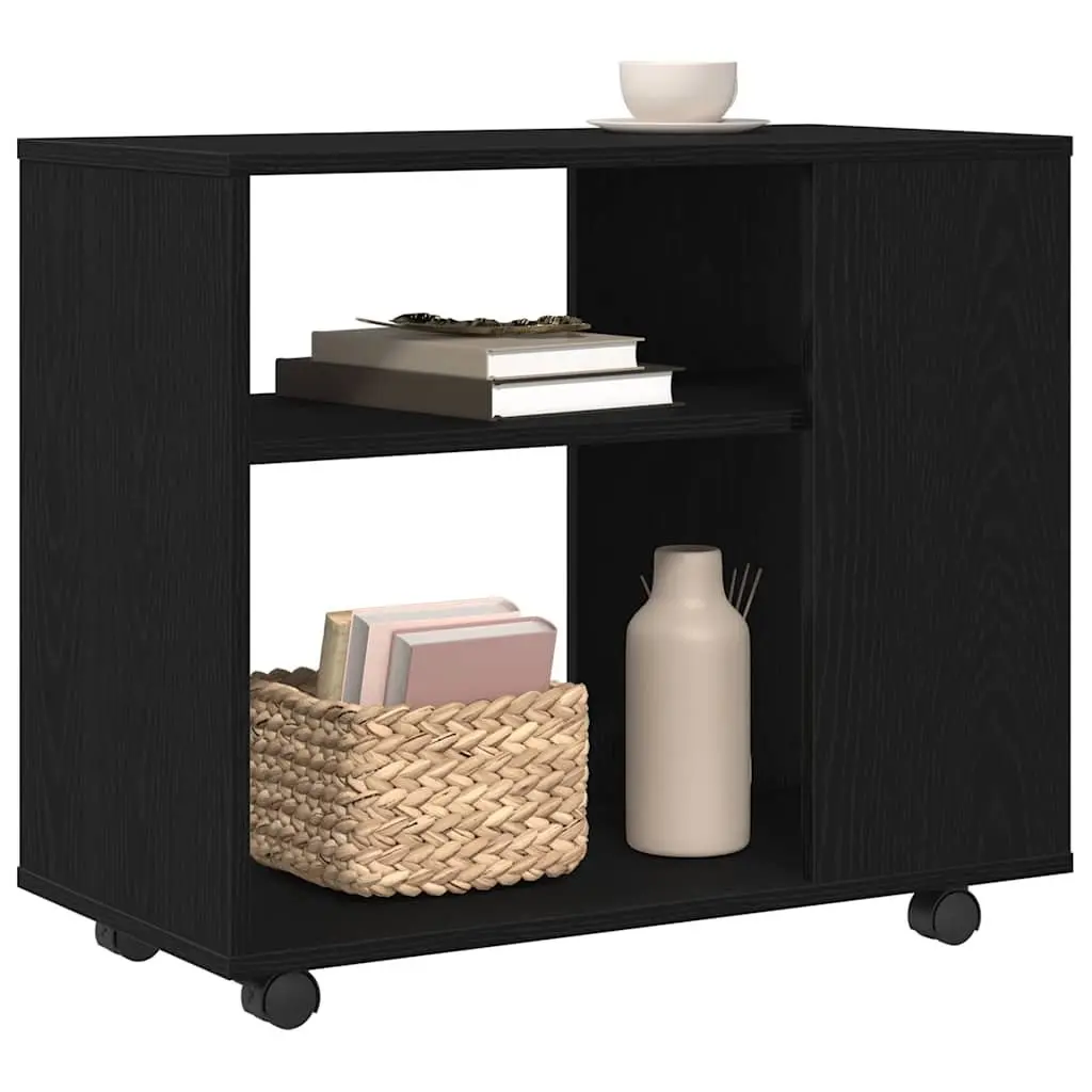 Black Oak Side Table with 2-Tier Storage and Wheels