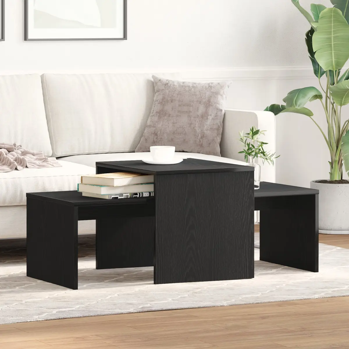Nesting Coffee Tables Set Black Oak Modern Engineered Wood Indoor Furniture