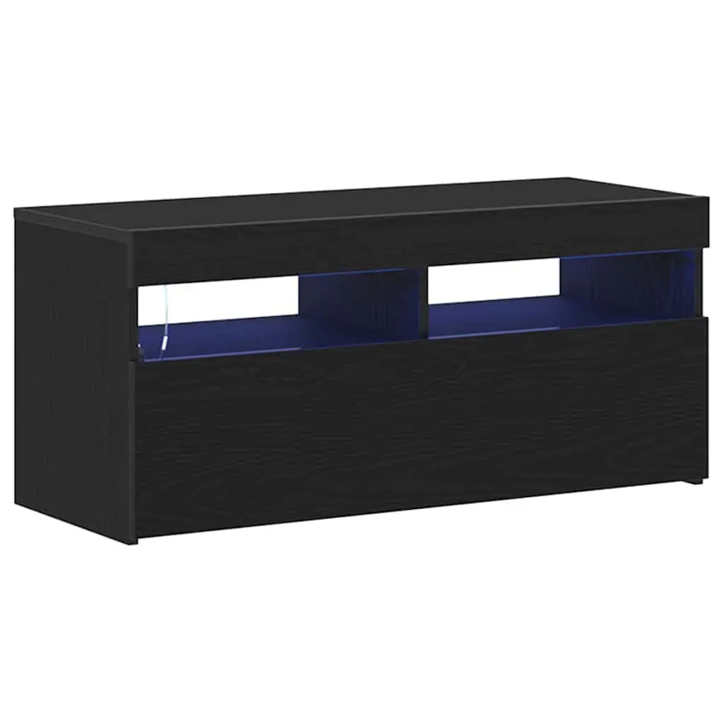 TV Cabinet Modern Black Oak Lowboard Engineered Wood with LED Lights