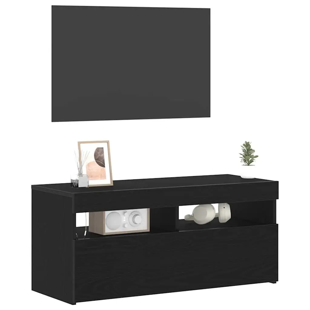 TV Cabinet Modern Black Oak Lowboard Engineered Wood with LED Lights
