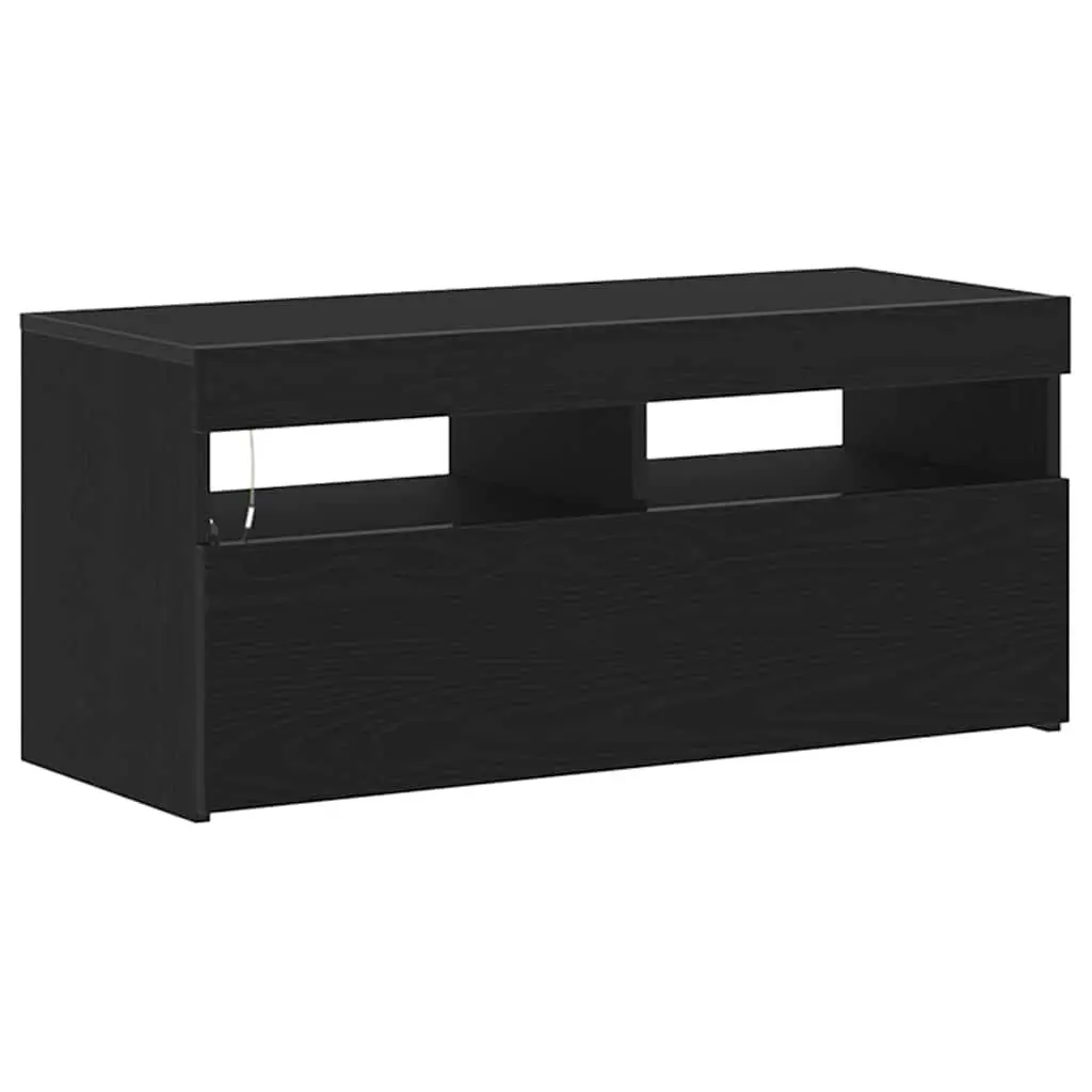 TV Cabinet Modern Black Oak Lowboard Engineered Wood with LED Lights