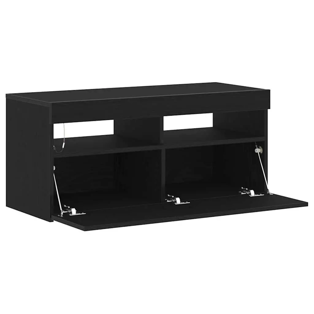 TV Cabinet Modern Black Oak Lowboard Engineered Wood with LED Lights