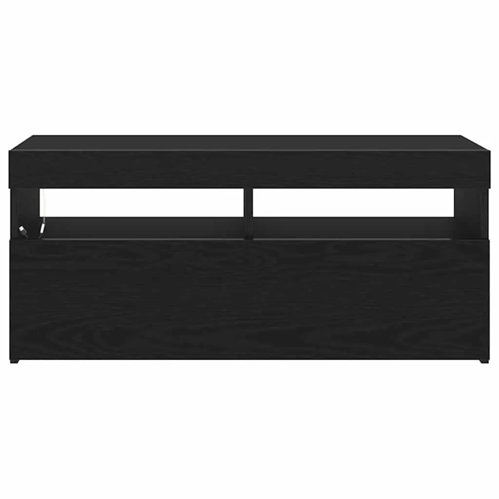 TV Cabinet Modern Black Oak Lowboard Engineered Wood with LED Lights