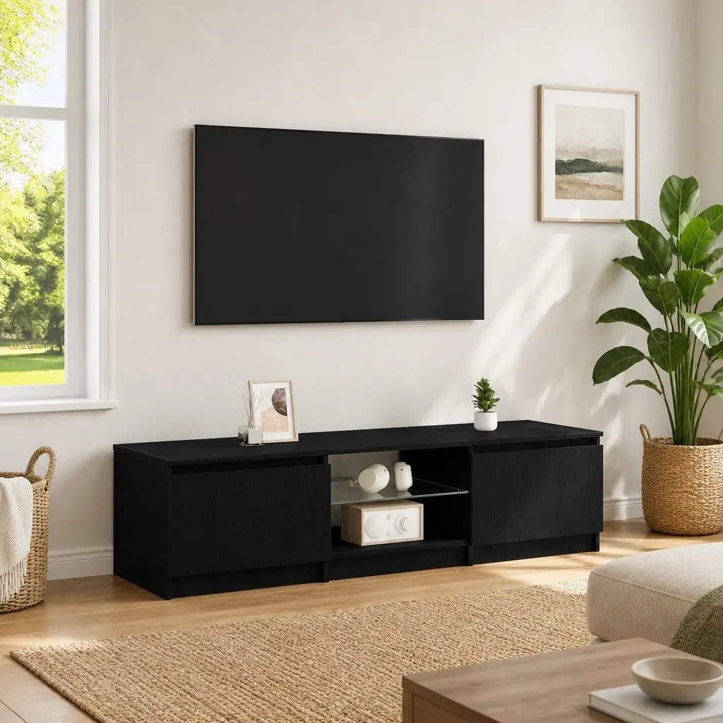 Black Oak Modern TV Cabinet with LED Lights and Shelves
