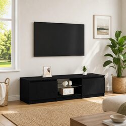 Black Oak Modern TV Cabinet with LED Lights and Shelves
