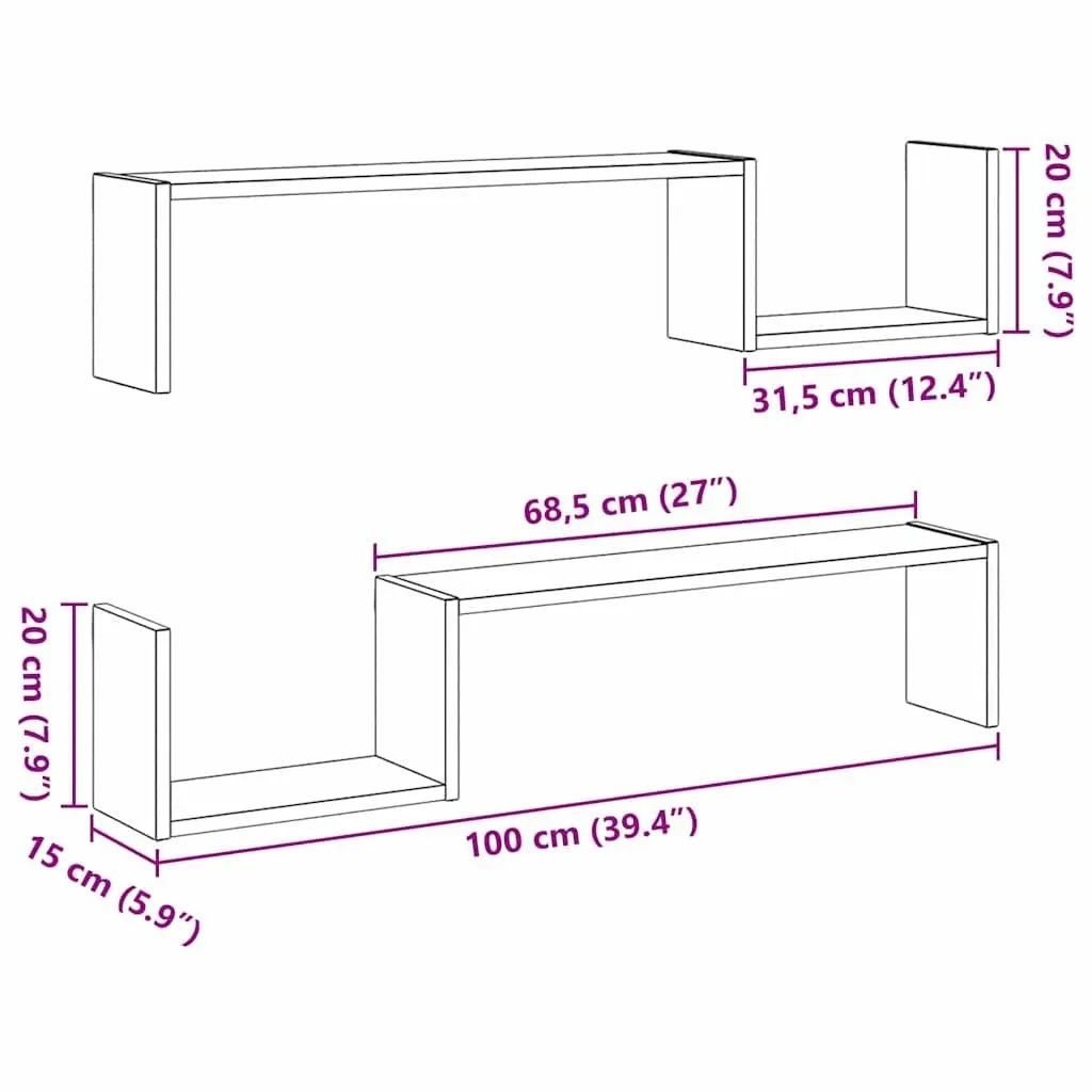 Wall Shelf Black Oak 100 x 15 x 20 cm Modern Storage Display Shelves 2 Pieces