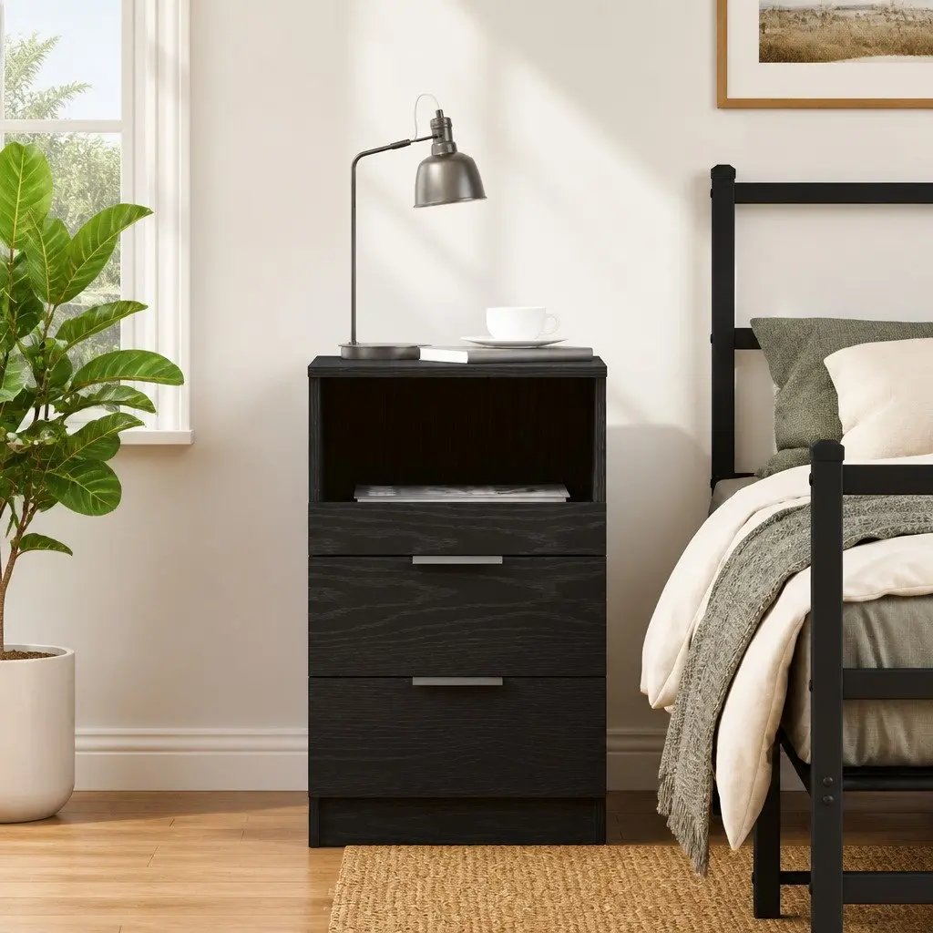 Black Oak Bedside Cabinet with Storage 40x35x65cm
