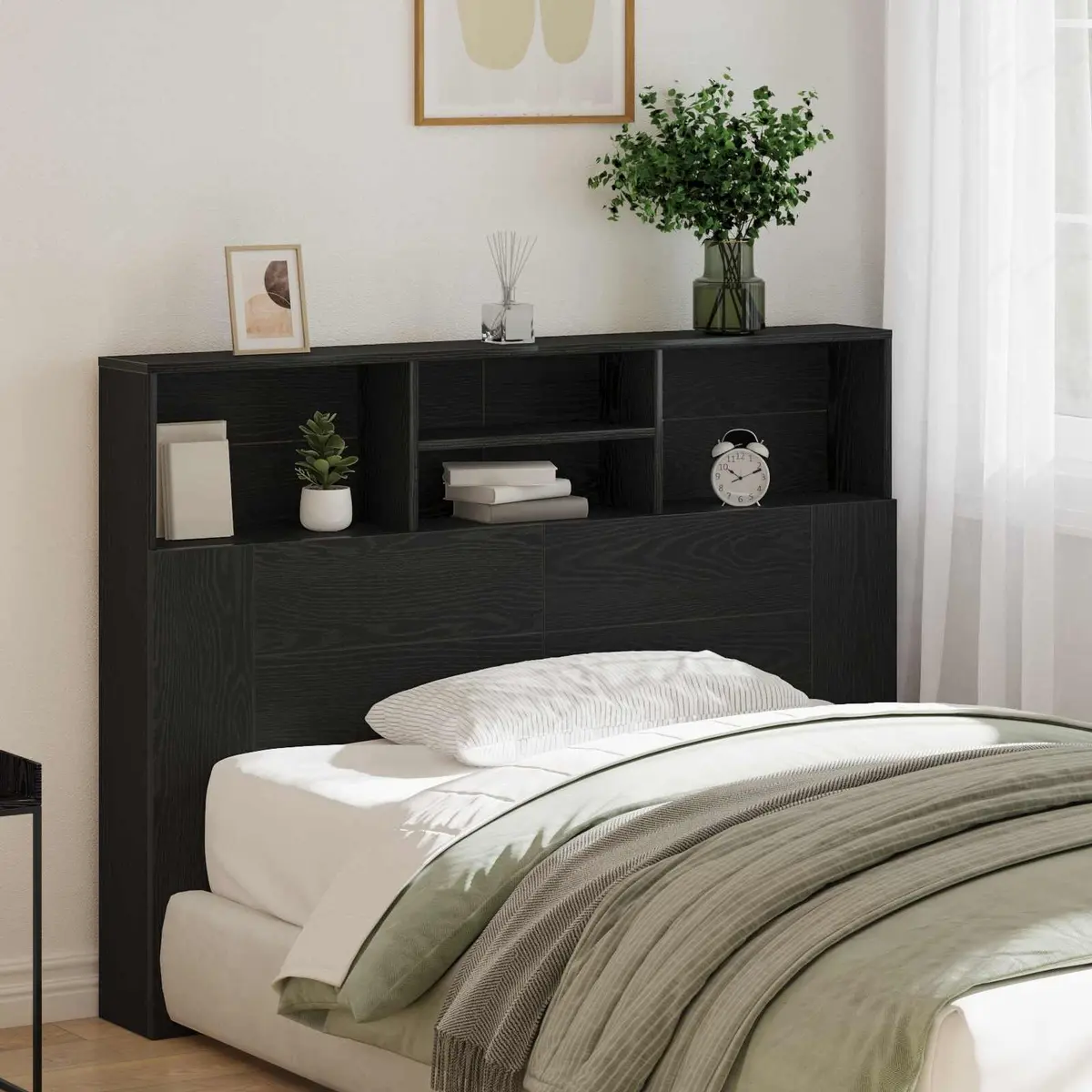 Wall-Mounted Black Oak Headboard Cabinet for Bedrooms