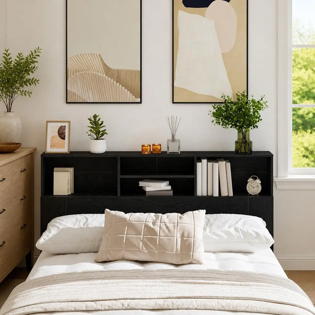 Wall-Mounted Headboard Cabinet Black Oak 160cm Engineered Wood Bedroom Storage Shelving Unit