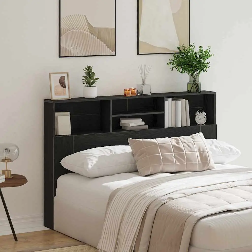 Wall-Mounted Headboard Cabinet Black Oak 160cm Engineered Wood Bedroom Storage Shelving Unit