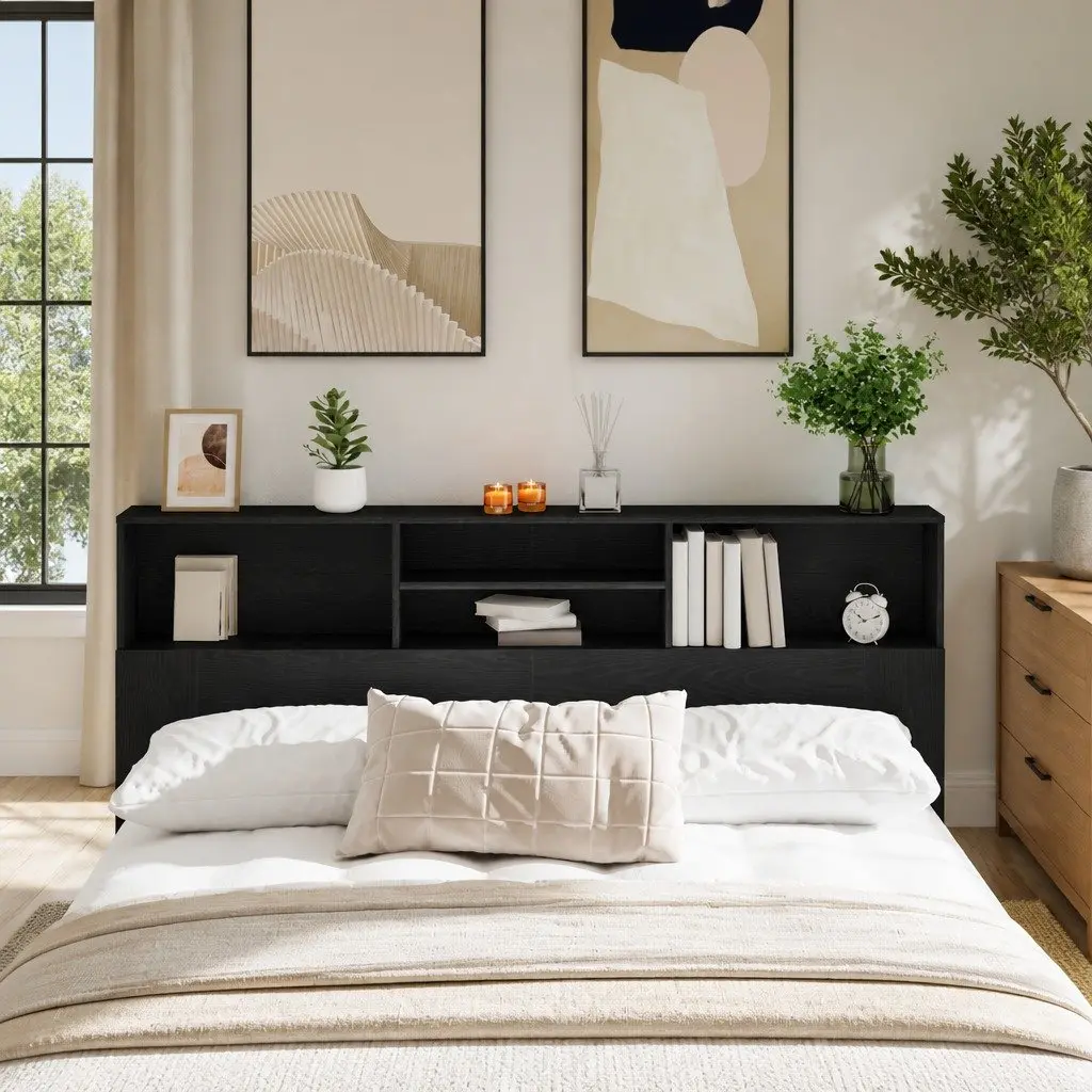 Black Oak Wall-Mounted Headboard Cabinet for Storage