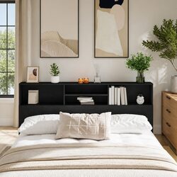 Black Oak Wall-Mounted Headboard Cabinet for Storage
