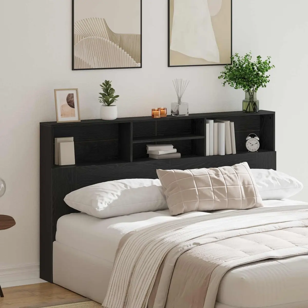 Black Oak Wall-Mounted Headboard Cabinet for Storage